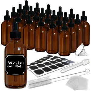 Nevlers 4 oz Amber Glass Dropper Bottle (Set of 24) | Includes Shrink Wrap Funnel, Brush and Marker