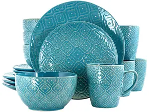 Elama Aqua Lily 16 Piece Luxurious Stoneware Dinnerware with Complete Setting for 4