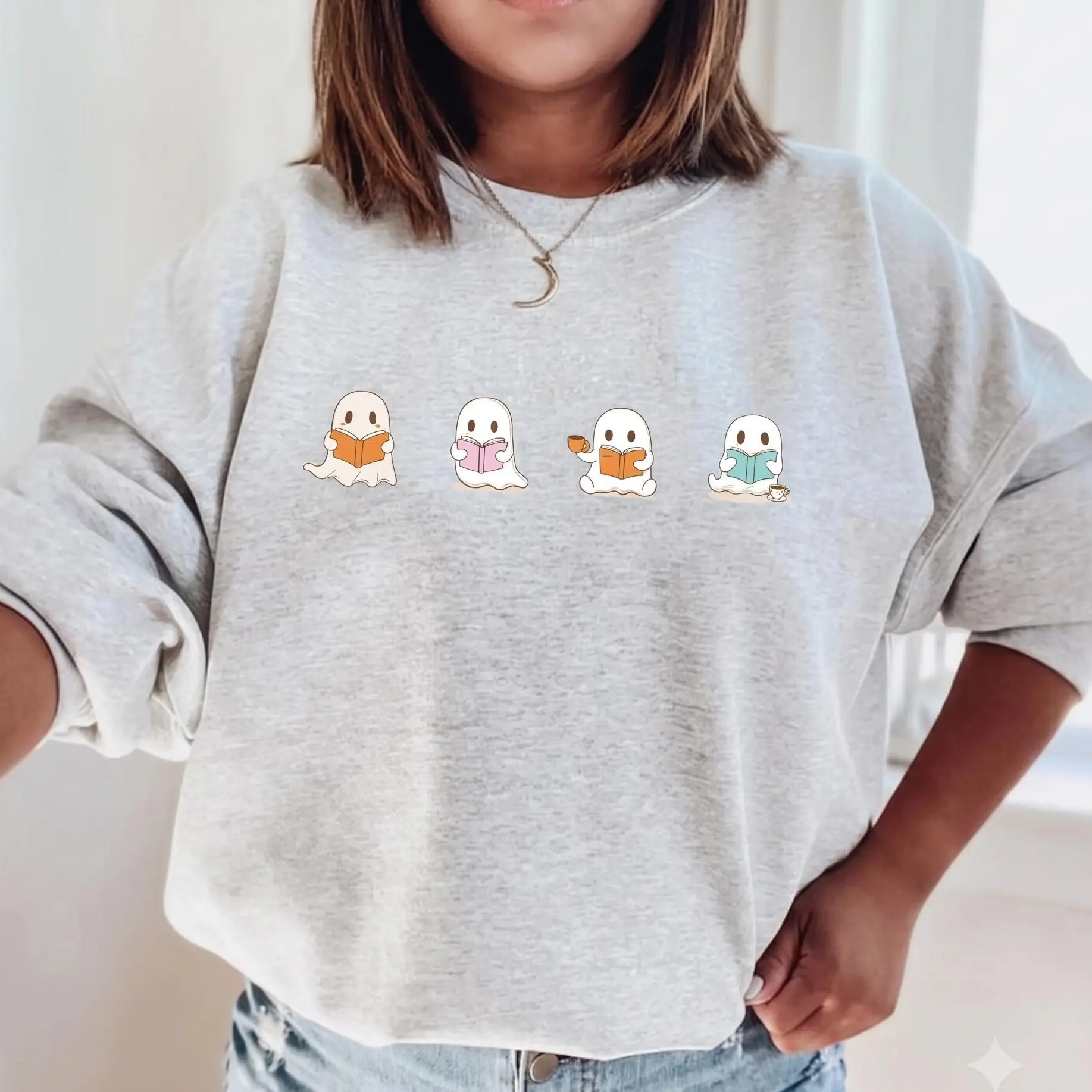 Ghost Reading Books and Drinking Tea and Coffee Cozy Sweatshirt, Fall Halloween Autumn Literature Lover Gift, Spooky Season Bookworm Reader Crewneck, Funny Ghost Novelty Apparel, Literary Gift for Women & Men