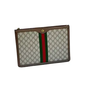 Pre-owned Coated Canvas Clutches & Wristlets Gucci Ophidia GG Large Portfolio – Beige/Ebeny Supreme Canvas with Green & Red Web