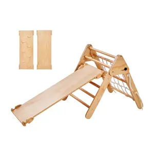 VEVOR Pikler Triangle Set, TikTokShopBlackFriday, 4 in 1 Toddler Climbing Toys Indoor Playground, Large Size Wooden Climbing Gym for Toddlers 1-3 Years, Montessori Climbing Set with Triangle and Ramp, Wood Color