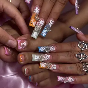 48pcs 3D Gradient Long Square Nails, Flower & Rhinestone Butterfly Design, Glossy False Nails, Y2K Style, Reusable, Free Jelly Glue & File