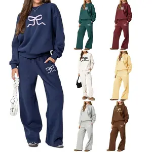 Women Pants Set, Bow Print Long Sleeve Crew Neck Hoodie and Sweatpants Set Activewear Set, Ladies Sportswear for Indoor Outdoor Wear, Bow Print Loungewear Set