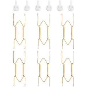 6 Pack Gold Invisible Heavy Duty Stainless Steel Wire Plate Hangers for Wall, Fit 6-8 inch Art Plates, with Wall Hooks for Displaying Plates Platter Dish