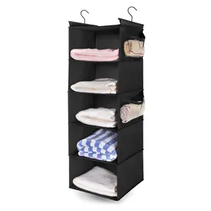 5 Shelf Hanging Closet Organizer,Foldable Space Saver, Closet Hanging Shelves with Side Pockets