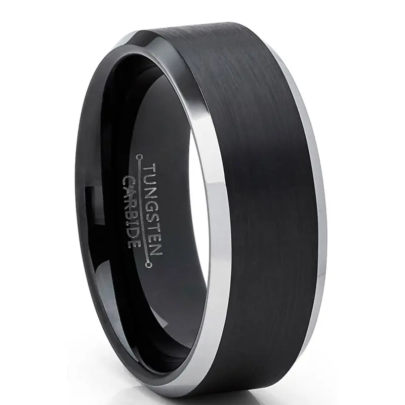 Black Tungsten Carbide DUO Engagement & Wedding Band, 8mm Comfort Fit, Hard Metal Resists Daily Wear, Black Carbide Center
