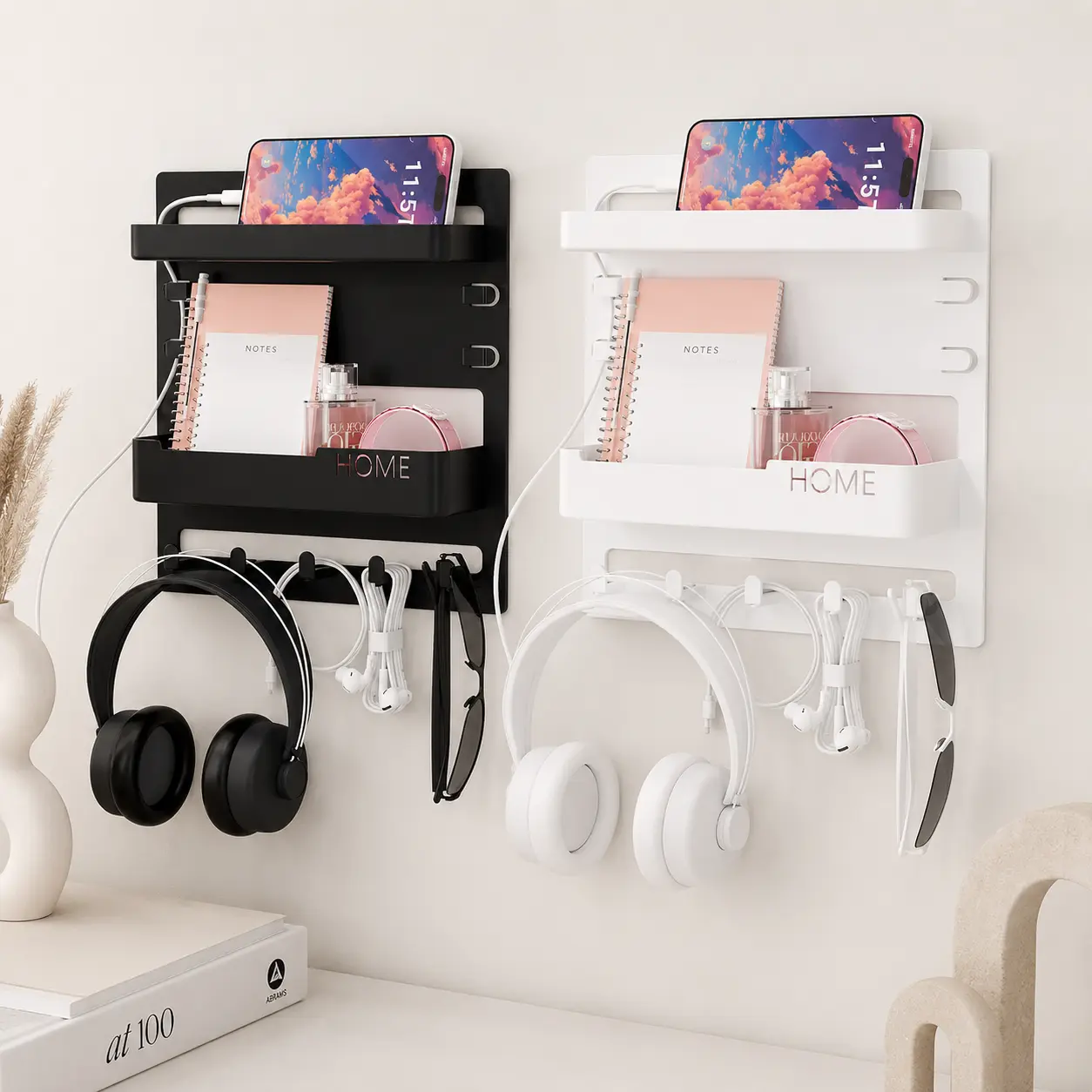 Floating Bedside Organizer, Wall Mount Shelf for Dorm Bed, RV Bedroom, Small Space and Nightstand Area, Phone Holder and Remote Rack