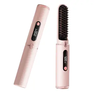 Cordless Hair Straightener Brush - Portable Hot Comb with USB Rechargeable Anti-Scaled Auto-off Feature for Safe Styling
