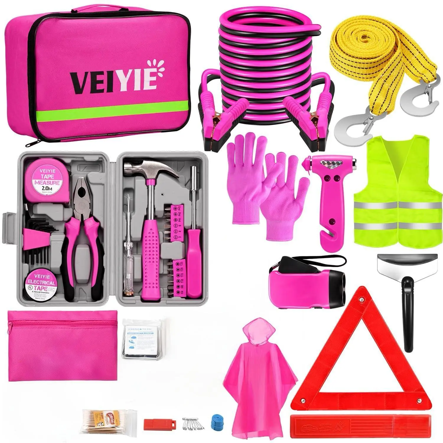【TikTokShopBackToSchool】Roadside Emergency Car Kit for Vehicles, Pink Car  Emergency Kit with Jumper Cables, Car Safety Kits, Tow Strap, Tool Kit, Road Trip Assistance for Men, Women,