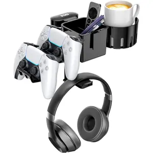 5 in 1 Desk Controller Holder - Rotating Headphone Hanger with Cup Holder - Clamp On Desk Organizer Holds Controller, Headphone, Cup, Mobile phone and Pen(Black)