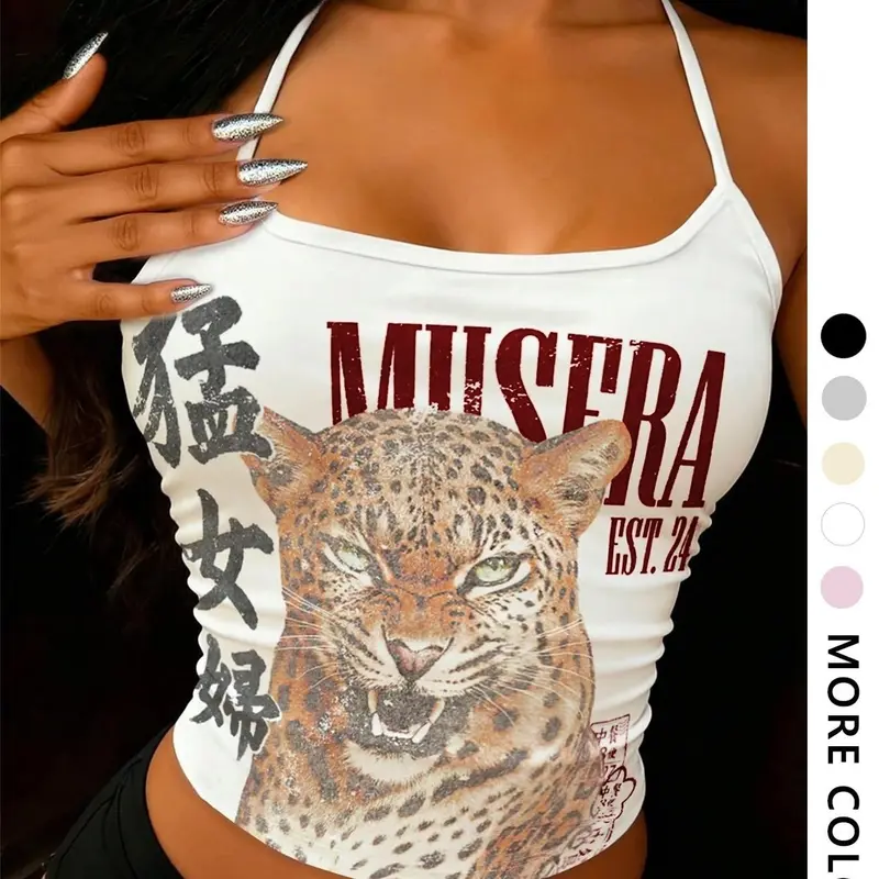 Women's Casual Cropped Vest Top, Casual Flattering Sleeveless Top, Spaghetti Strap, Trendy Fashion Shirt, Streetwear Women's Clothing, Y2K Style, Aesthetic, Slim-Fitting Short Sleeve Letter Print, Animal Print, Womenswear