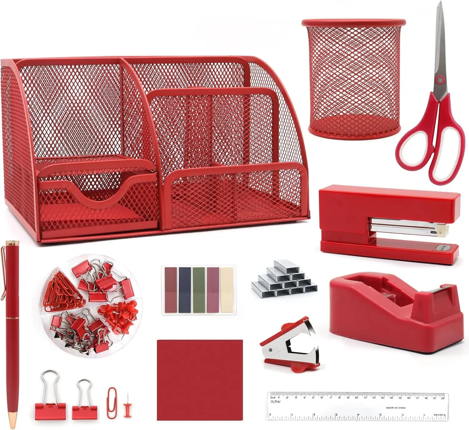 12 in 1 Red Desk Organizers and Accessories for Office Home School | Red Office Supplies for Coworkers Students, Include Stapler, Pen Holder, Tape Holder, Scissors, Ruler, Staple Remover