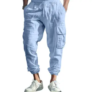 Men’s solid-color long pants for summer, linen fabric—casual and comfortable, waterproof and quick-drying, suitable for everyday wear and outdoor activities; essential men’s home lounge pants and athletic pants #SummerVibes