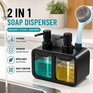 Kitchen Hand Soap and Dish Soap Dispenser Set, Black Dual Soap Dispenser with Sponge Caddy and Brush Holder, 4-in-1 Kitchen Sink Countertop Organizer for Hand Soap, Dish Soap, Sponges, Brushes and Cleaning Tools