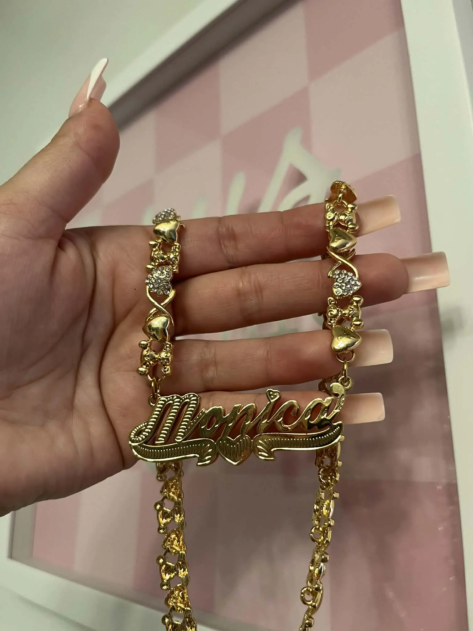 Custom Double Nameplate Teddy Bear Heart Chain
