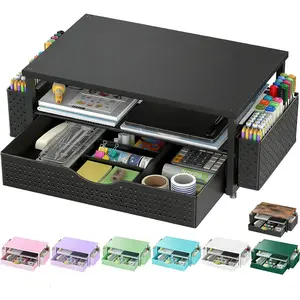 Desk Organizer and Accessories, Computer Monitor Stand Riser with Drawer and 2 Pen Holders, Office Desk Accessories & Workspace Organizers for Office Supplies (Black)
