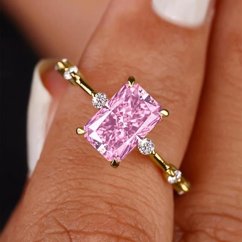 Women's Pink Radiant Cut Dainty Gold Band Jewelry - Engagement Promise Ring, Chic Artificial Diamond Colored Crystal Piece, Stackable TikTok Trendy Gift for Her Anniversary Birthday, Jewelry For Women