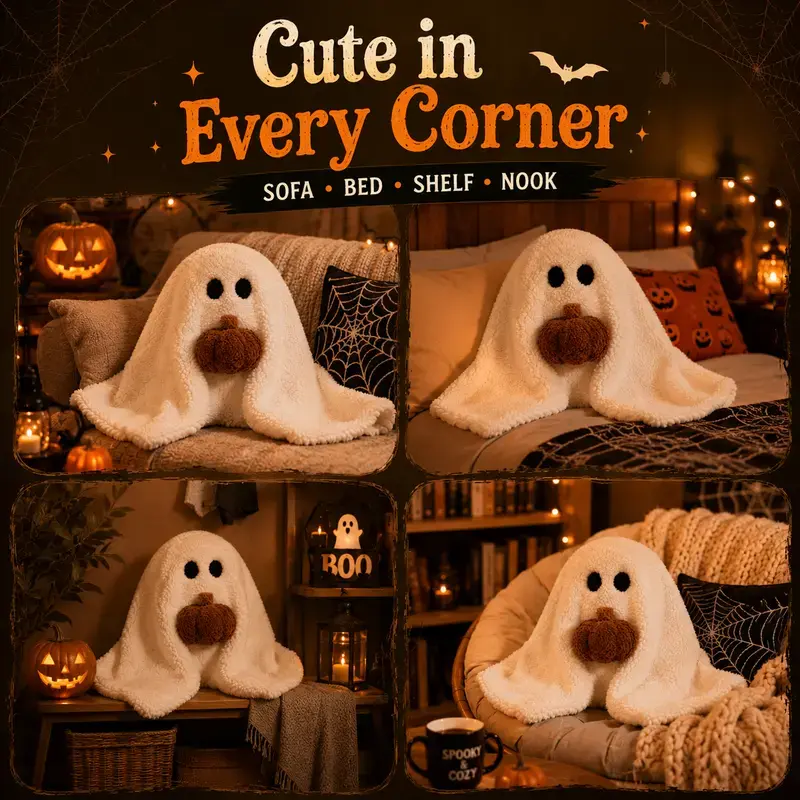 Unisex 11-in Soft-Stuffed Ghost Plush Pillow with Pumpkin, Plush Fabric Cover, Cute Halloween Stuff, Halloween Decorations, Home Decor for Couch/Bed, Festive Fall Kids Gift