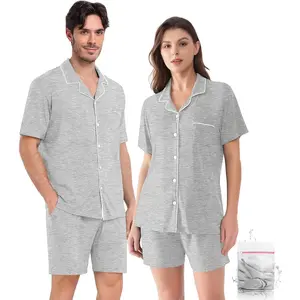 Matching Couple Pajamas Set, Cotton Button-Down PJs with Pocket, His & Hers Pajama Set, Gifts for Couples,Men-Light Grey-2XL