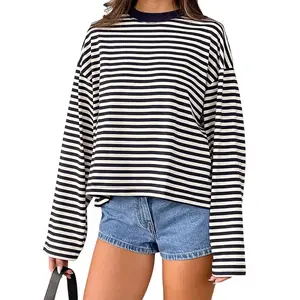 Women's Classic Polyester Striped Round Neck Long-Sleeve Loose-Fitting T-Shirt - Ladies' Fall Casual Streetwear Top