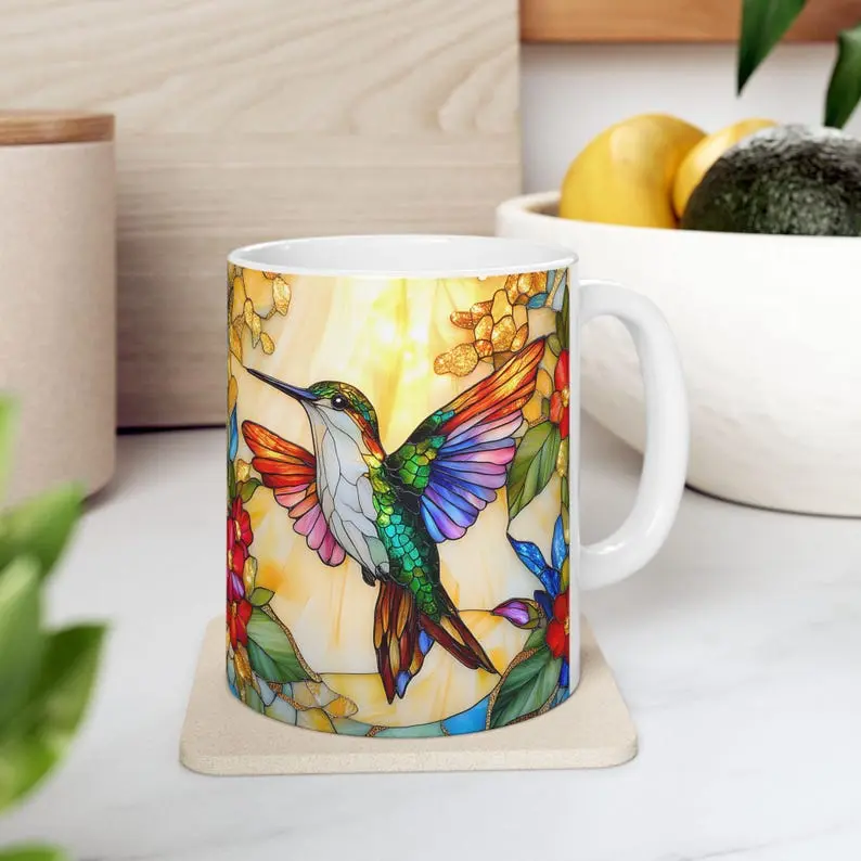 Stained Glass Style Hummingbird Mug: Bohemian Floral Coffee Cup