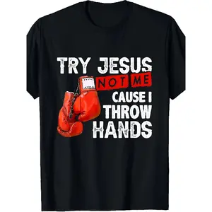 Men's Cotton Graphic Tees - Round Neck Short-Sleeve Soft Boxing MMA T-Shirt, Humorous "Test Your Faith in God, Not My Patience, As I Might Get Physical" Design, Casual Streetwear Menswear Top