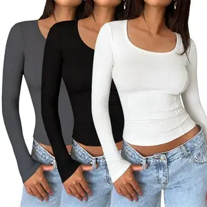 Women's Crewneck & Turtleneck Basic Crop Tops 3 Pack - Long Sleeve Slim Fit, Y2K Korean Fashion, Versatile Layering Shirts for Daily Casual