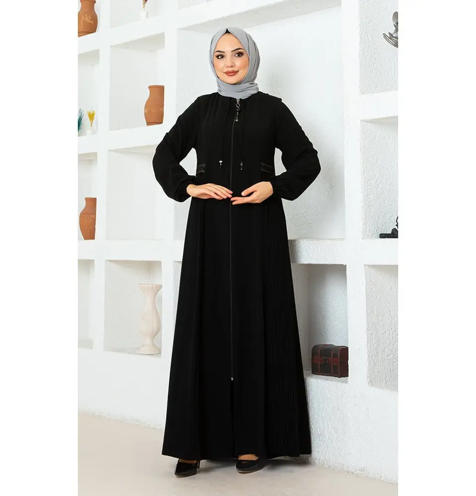 Modest Muslim Woman Pleated Zip Up Abaya - 1114 Black