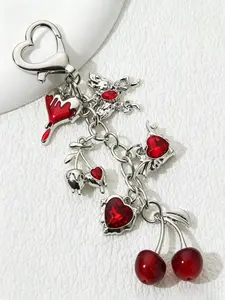 Bag Charm Cherry Heart Trendy Cute Heart Design Keychain Stylish Red And Black Color-Block Alloy Pendant With Rhinestones And Enamel Accents Niche, Dark, Sweet & Cool Accessories For Bags And Keys Friend Charms & Couple Charms