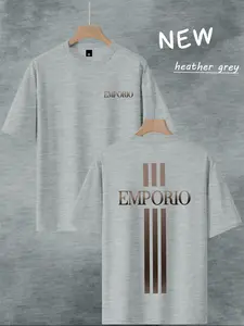 Emporio Vertical Stripe T-Shirt for Men, 100% Polyester, Minimalist Luxury Casual, Short Sleeve Graphic Tee, Fitted Style