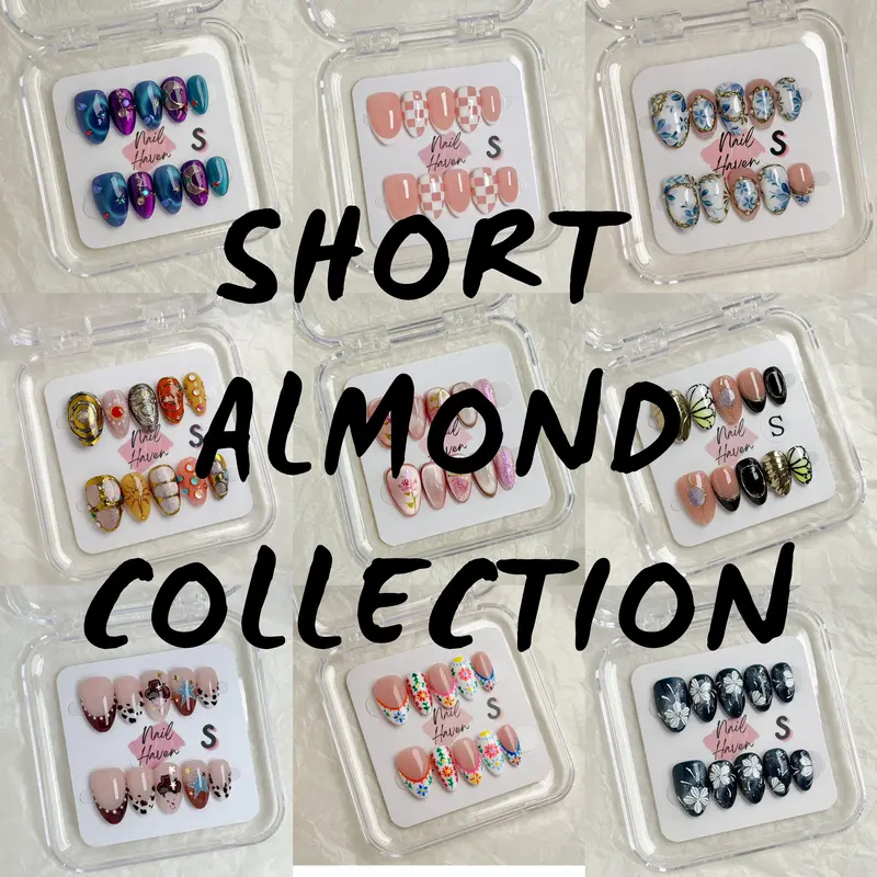 NailHaven| Short Almond Shape Collection - 10 Pcs Handmade Press-On Nails, Cute Acrylic Nails, High Quality, Reusable, Nail Art & Nail Charms