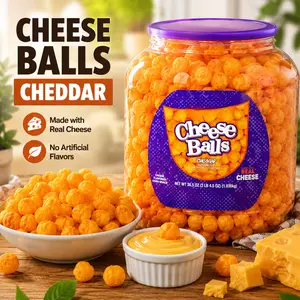 Cheddar Cheese Puff Ball Snack Barrel, Crunchy Baked Corn Snack Puffs, Family Sharing Party Tub, Light Crispy Cheese Flavor Snack, Large Resealable Container