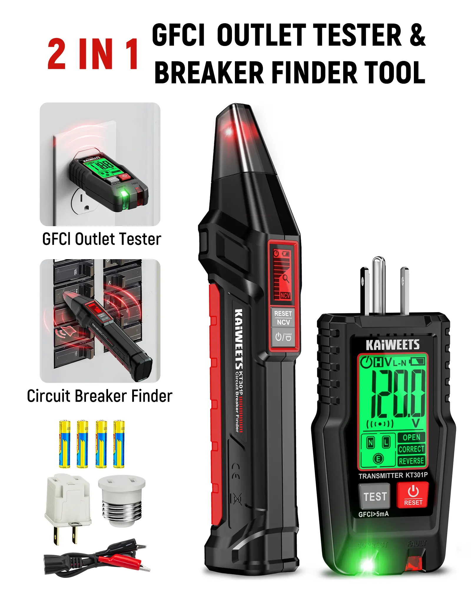 KAIWEETS AC Circuit Breaker Finder Kit with LCD Alert Display – 2-Piece Voltage Tester Set with Transmitter & Receiver, Non-Contact Voltage (NCV) Detection, Flashlight, Cable/GFCI Outlet Tester, Portable Electrical Circuit Detector Tool for Home & Pro Use