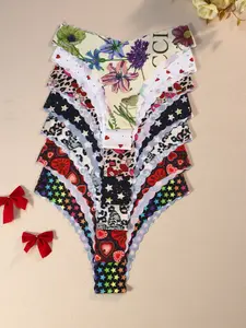 Women's Floral Heart Star Print Thong Panties, Seamless V-Shape Waistband, Wave Trim Design, Comfortable Fitted Thin Fabric, Feminine All Seasons Underwear, Lingerie