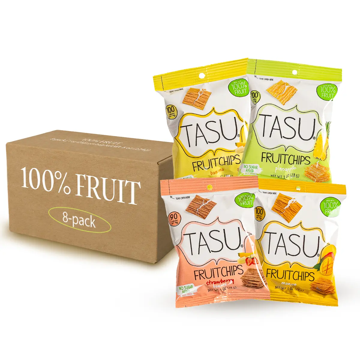 TASU Mixed Dried Fruit Chips - 100% Natural, No Sugar Added, Vegan, Gluten-Free Crunchy Snacks (Strawberry, Banana, Pineapple, Mango) - 1 oz, 8 Pack for Kids & Adults