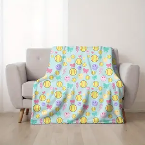1pc Teal Softball Velveteen Plush Blanket - Softball & Smiley Face Design, Light Blue with Yellow, Pink, Purple & Green Balls, Perfect for All, All-Season Cozy Throw, Softball Room Decor-280GSM
