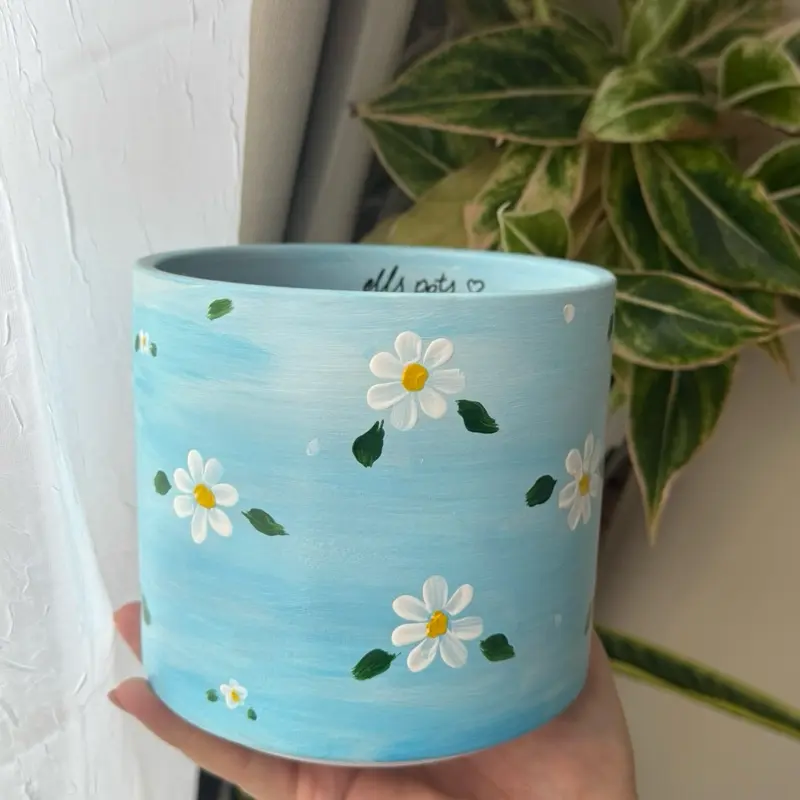 Daisy Blue Planter - Hand Painted with White Daisy Design on Sky Blue Background