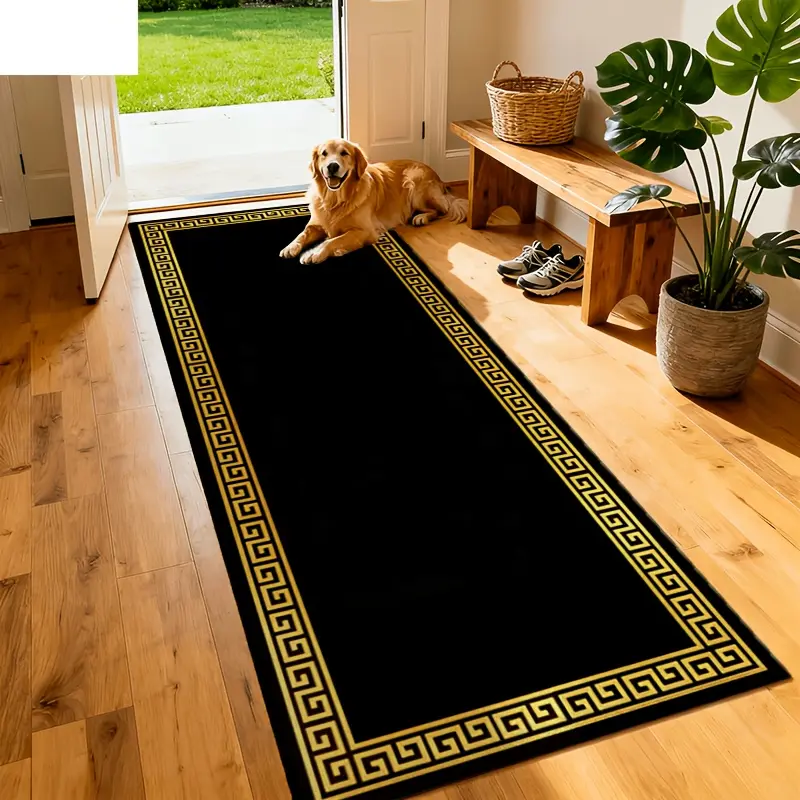 1pc Patterned Area Rug Runners - Indoor Modern Textured Design, Geometric Border, Black-Golden Light Luxury, Soft, Durable, Machine Washable, Fade Resistant, Ideal for Corridor, Living Room Decoration, Corridors/Living, Luxury Look, One-Piece
