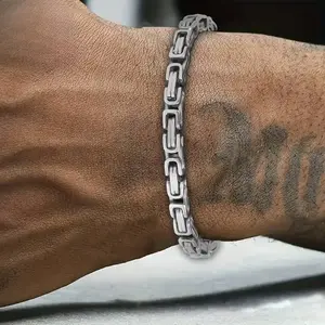 1Pcs Stainless Steel Rectangle Woven Link Chain Bracelet for Men Women 6mm Wide Cuban Link Figaro Chain Bracelet Chunky Stainless Steel Link Chain Bracelets Jewelry