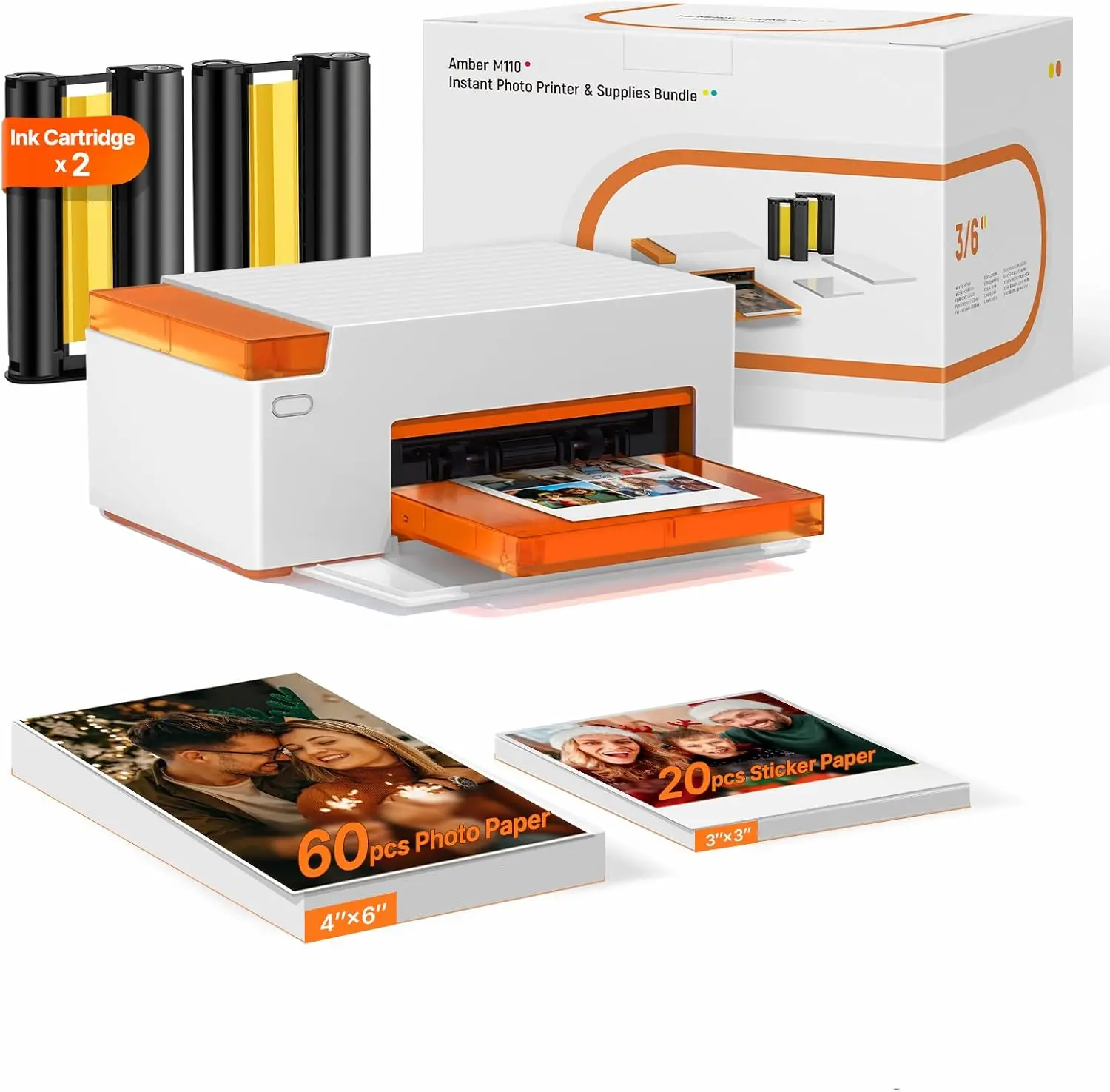 Bluetooth Portable Photo Printer for iPhone, Thermal Dye Sublimation, Includes 80 Sheets, 60 4x6 Inch Sheets, 20 3 Inch Square Sticker Sheets and 2 Cartridges