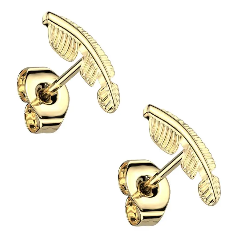 Gold PVD Feather Titanium Threadless Earrings