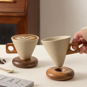 Retro Ceramic Coffee Mug with Wooden Handle & Coaster, Aesthetic Cone Cup Set for Home or Office, 250ml