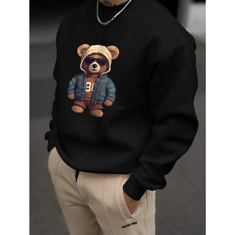 Men's Casual Bear Print Sweatshirt, Loose Cut Long Sleeve Polyester Pullover Top with a Round Neck for Leisure, Tops, Menswear, Custom Position Printing, Em327828