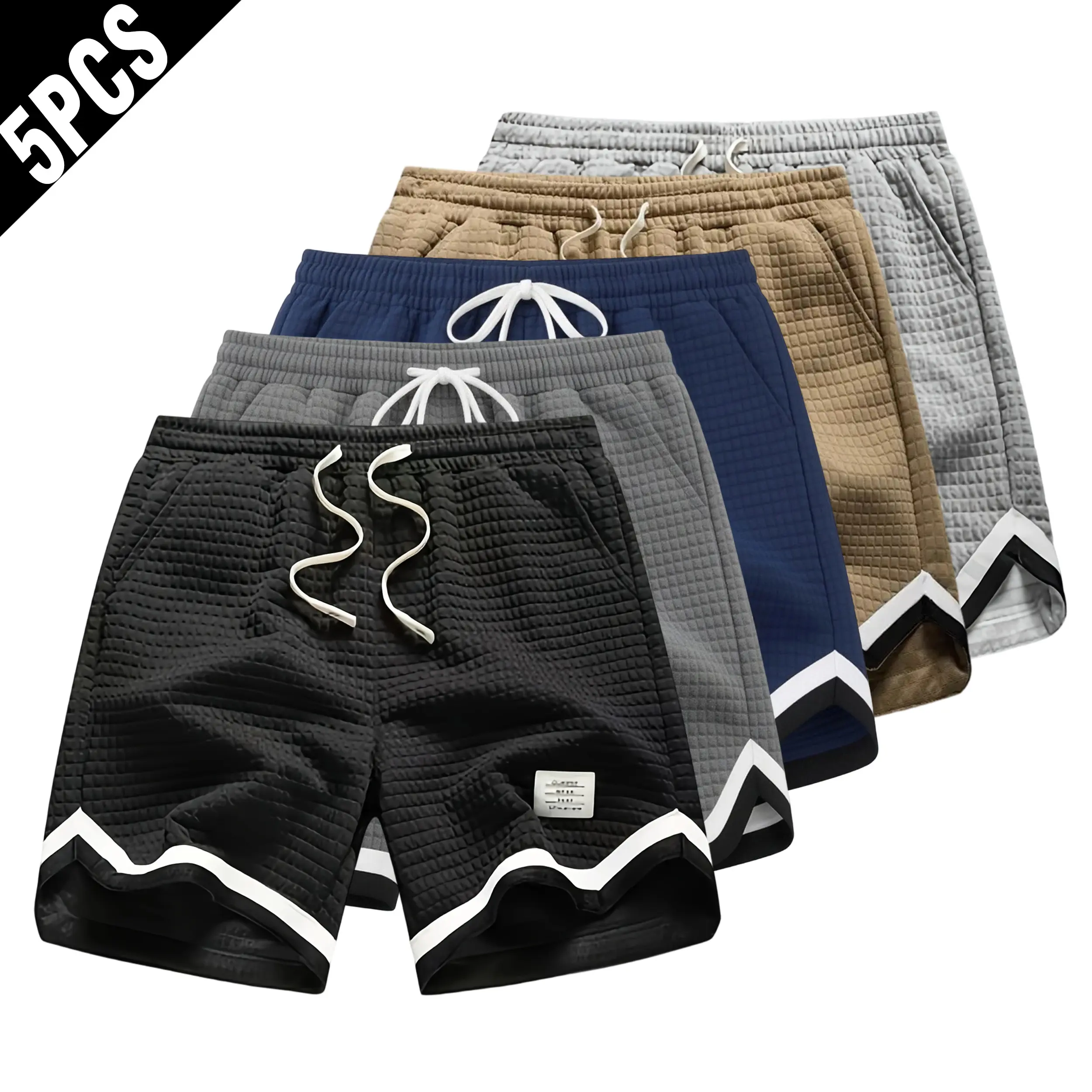 5 Pack Men Waffle Textured Knee Basketball Shorts, Contrast White Black Trim Drawstring Elastic Waist Small Tag Loose Athletic Street Casual Workout Shorts Multipack sweatpants
