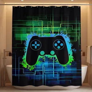 4 Pcs Game Shower Curtain Set, Classic Videogames Controller Bath Curtain with Anti-Slip Mat Toilet Cover Carpet Set and 12 Hooks, Black Splash Ink Colorful Bathroom Decor Set 72 x 72 Inch