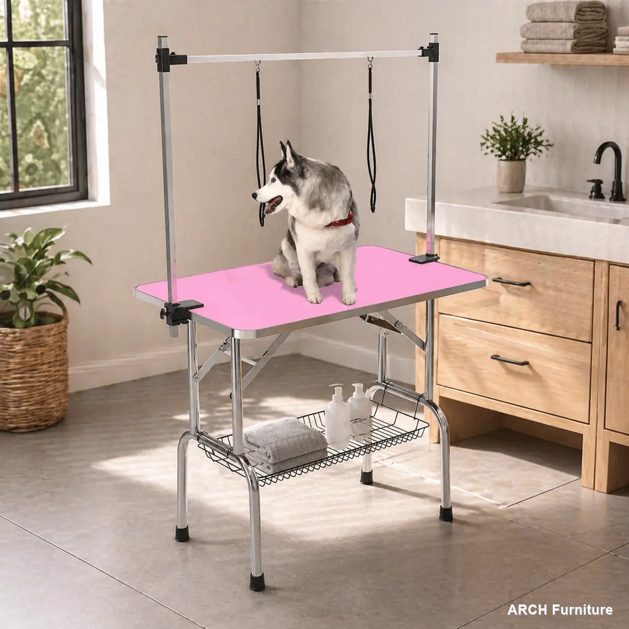 46-in Foldable Arch Pet Grooming Table for Dogs & Cats, Stainless Steel Solid Frame, Anti-Slip Rubber Top, Adjustable Arm with Clamps, 300lbs Capacity, 36-lb Weight, Pink Color (Ideal for Pet Clean Tasks)