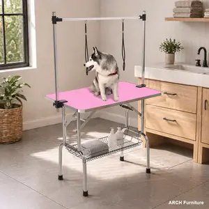 ARCH 46" Folding Dog Pet Grooming Table Stainless Steel Frame Rubber Mat on Board with Adjustable Arm and Clamps pet dog Cat Grooming Table (PINK COLOR),summervibes