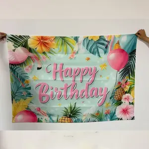 2D Flat Hawaiian Birthday Backdrop Banner with Palm Leaves and Flowers, Flamingo and Balloon Design for Cake Table and Celebrations