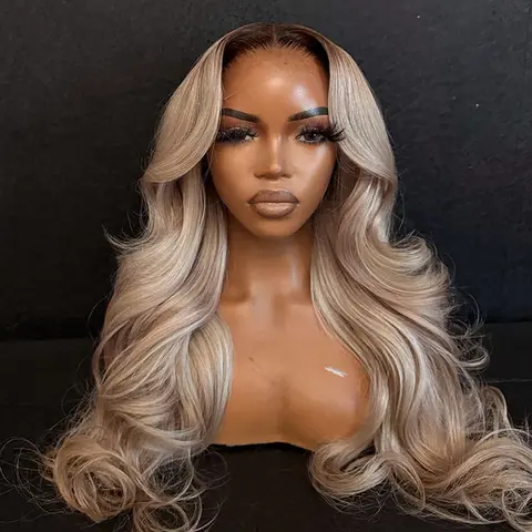 Transparent Body Wave 13x6 Lace Front Ash Blonde Colored Human Hair Wigs Pre Plucked Ombre Blonde Wig with Brown Roots Can Be Restyled For Woman 180% Density