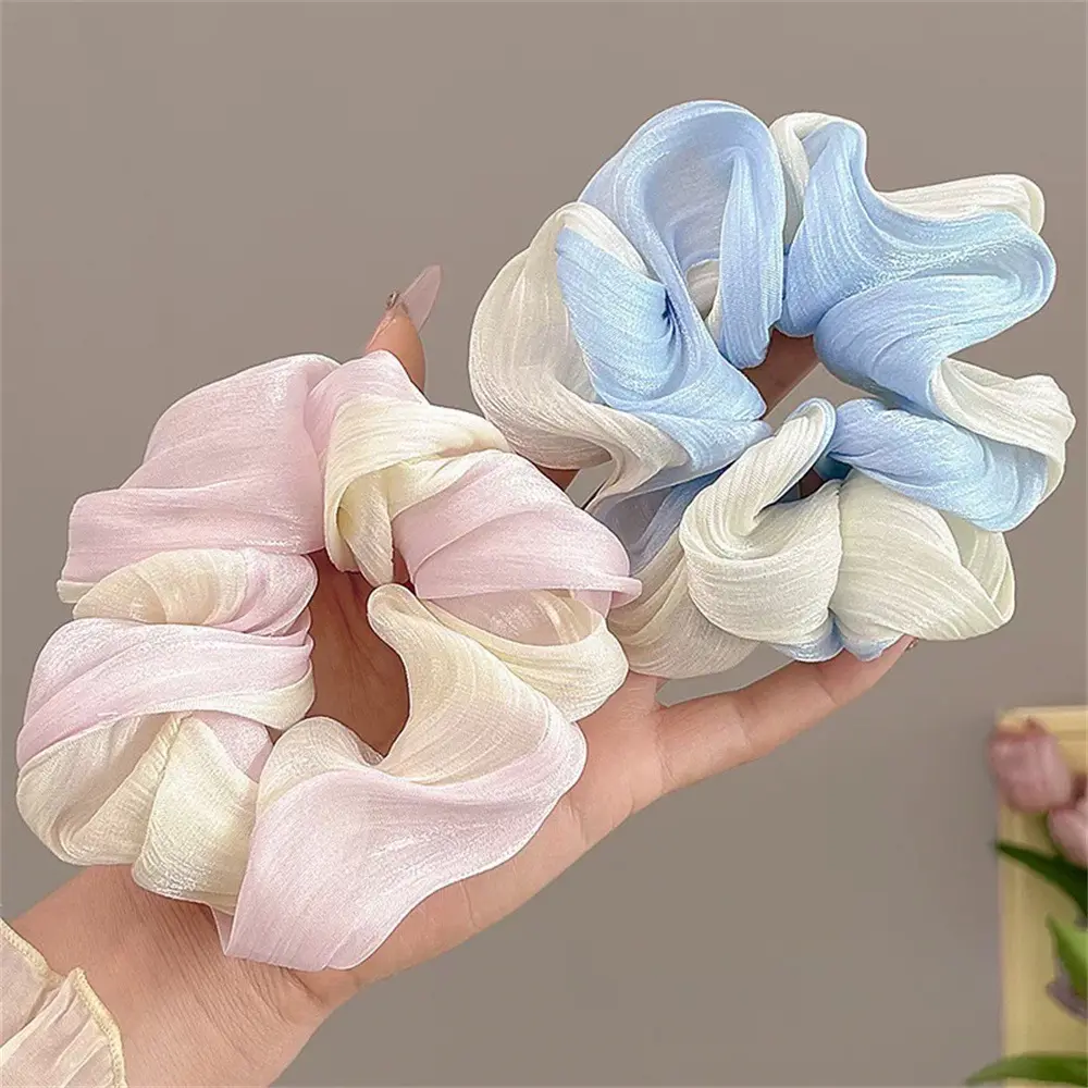 Shimmer Gradient Organza Scrunchies for Women, Large Pastel Ombre Silk Hair Ties, Soft Sheer Chiffon Hair Bands for Spring Casual Daily Bun Hairstyle